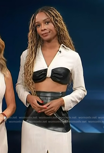 Zuri’s colorblock leather crop top and skirt on Access Hollywood