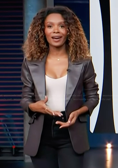 Zuri’s brown leather blazer on Access Hollywood