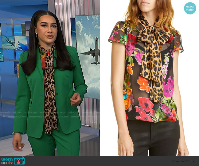Alice + Olivia Jeannie Pattern Mix Puff Sleeve Bow Blouse worn by Morgan Radford on NBC News Daily