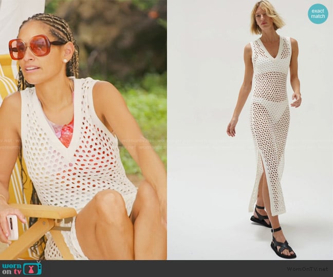 LNA Althaia V Open Knit Maxi Dress worn by Racquel Chevremont on The Real Housewives of New York City
