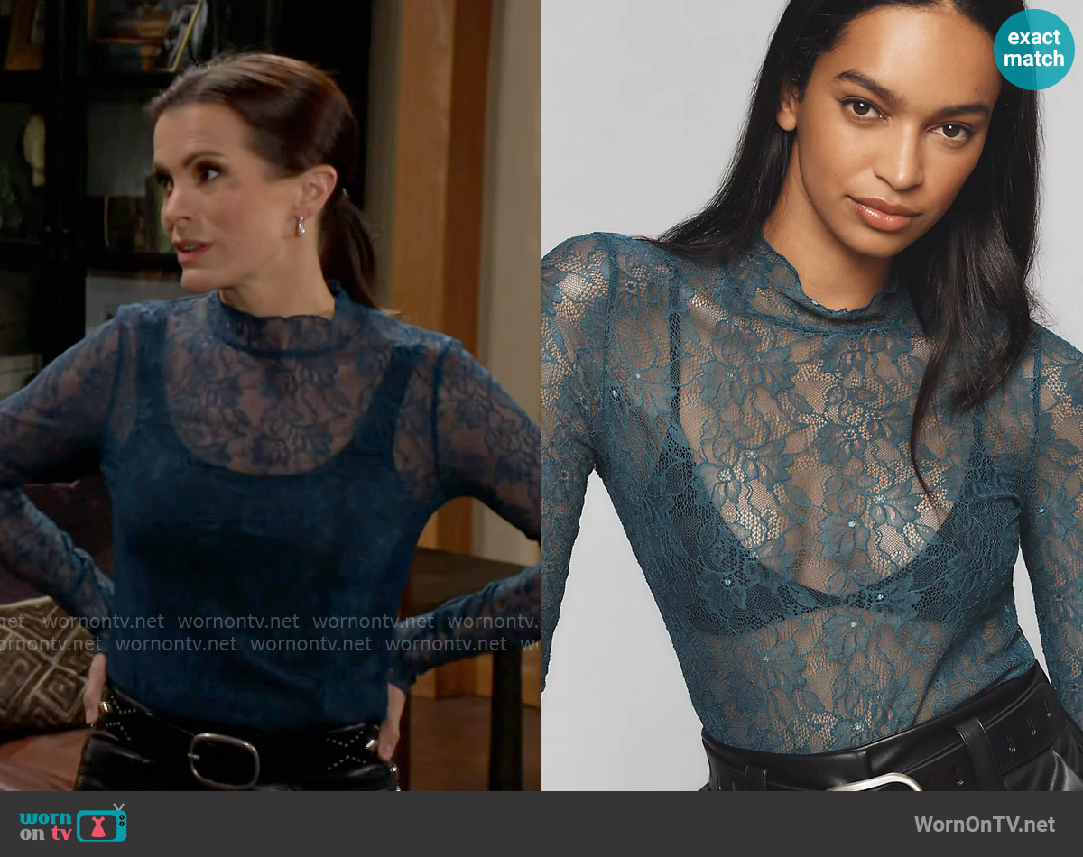 By Anthropologie Lace Layering Turtleneck in Turquoise worn by Chelsea Lawson (Melissa Claire Egan) on The Young and the Restless