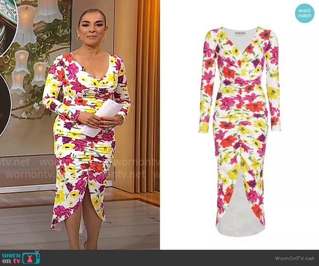 Chiara Boni La Petite Robe Tatangela Floral Ruched Midi-Dress worn by Michelle Miller on CBS Mornings