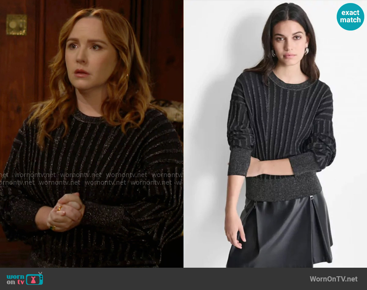 DKNY Striped Dropped-Sleeve Crewneck Sweater worn by Mariah Copeland (Camryn Grimes) on The Young and the Restless