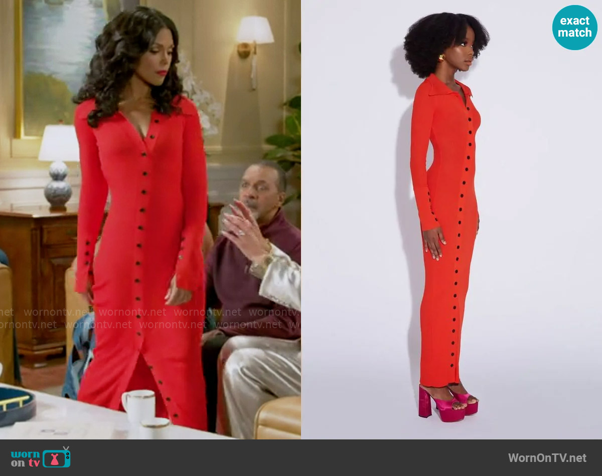 Fumi Naomi Dress in Scarlet Red worn by Dani Dupree (Karla Mosley) on Beyond the Gates