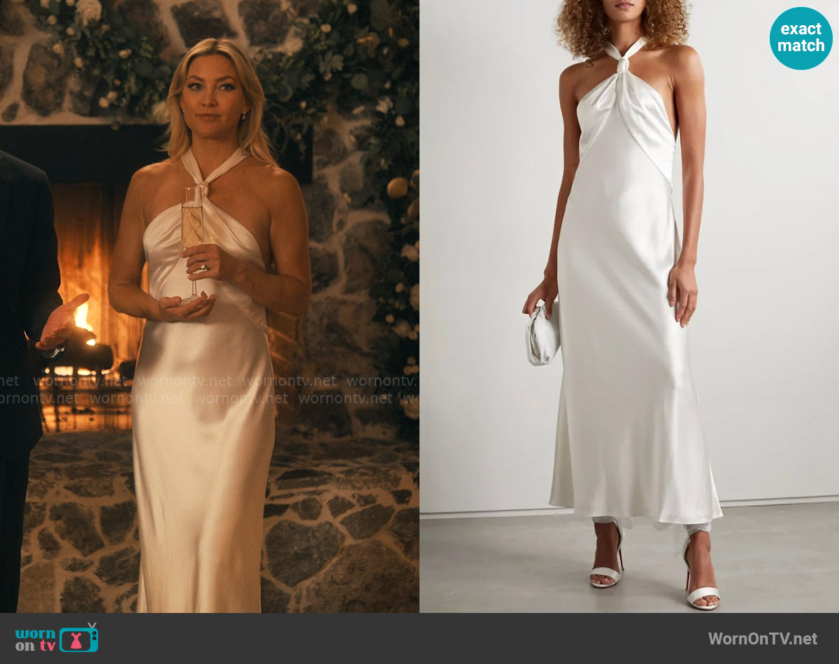 Galvan Santorini draped satin halterneck gown worn by Isla Gordon (Kate Hudson) on Running Point
