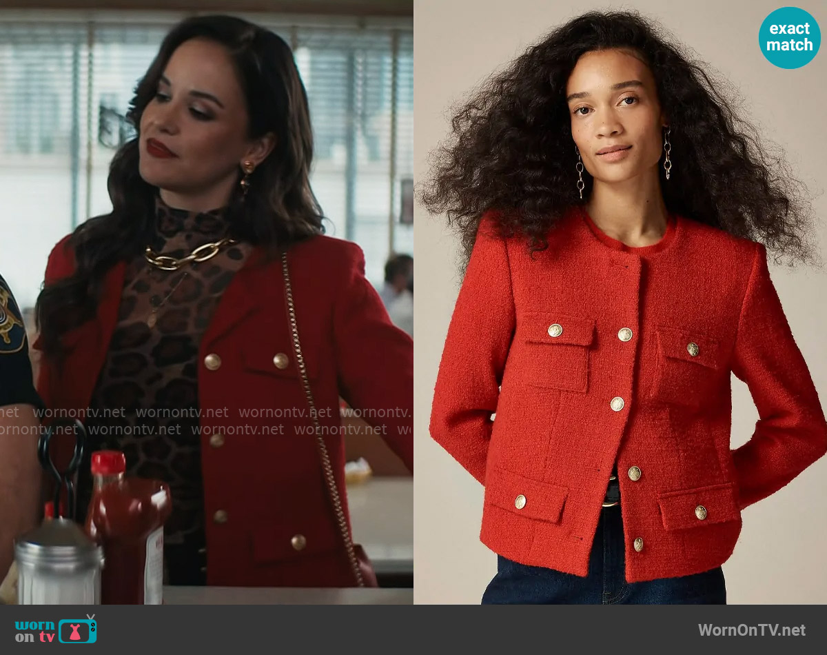 J. Crew Isabelle lady jacket in tweed in Radiant Ruby worn by Birdie (Melissa Fumero) on Grosse Pointe Garden Society