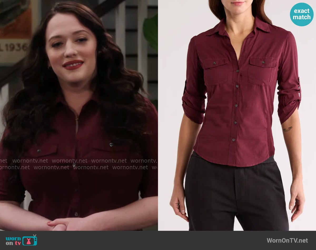 James Perse Three-Quarter Sleeve Button-Up Shirt in Cordova worn by Riley (Kat Dennings) on Shifting Gears