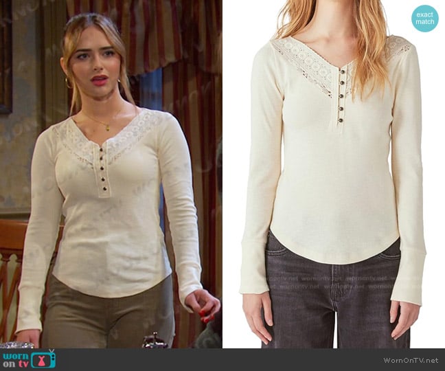 Lucky Brand Long Sleeve Trim Mix Henley in Cream worn by Holly Jonas (Ashley Puzemis) on Days of our Lives