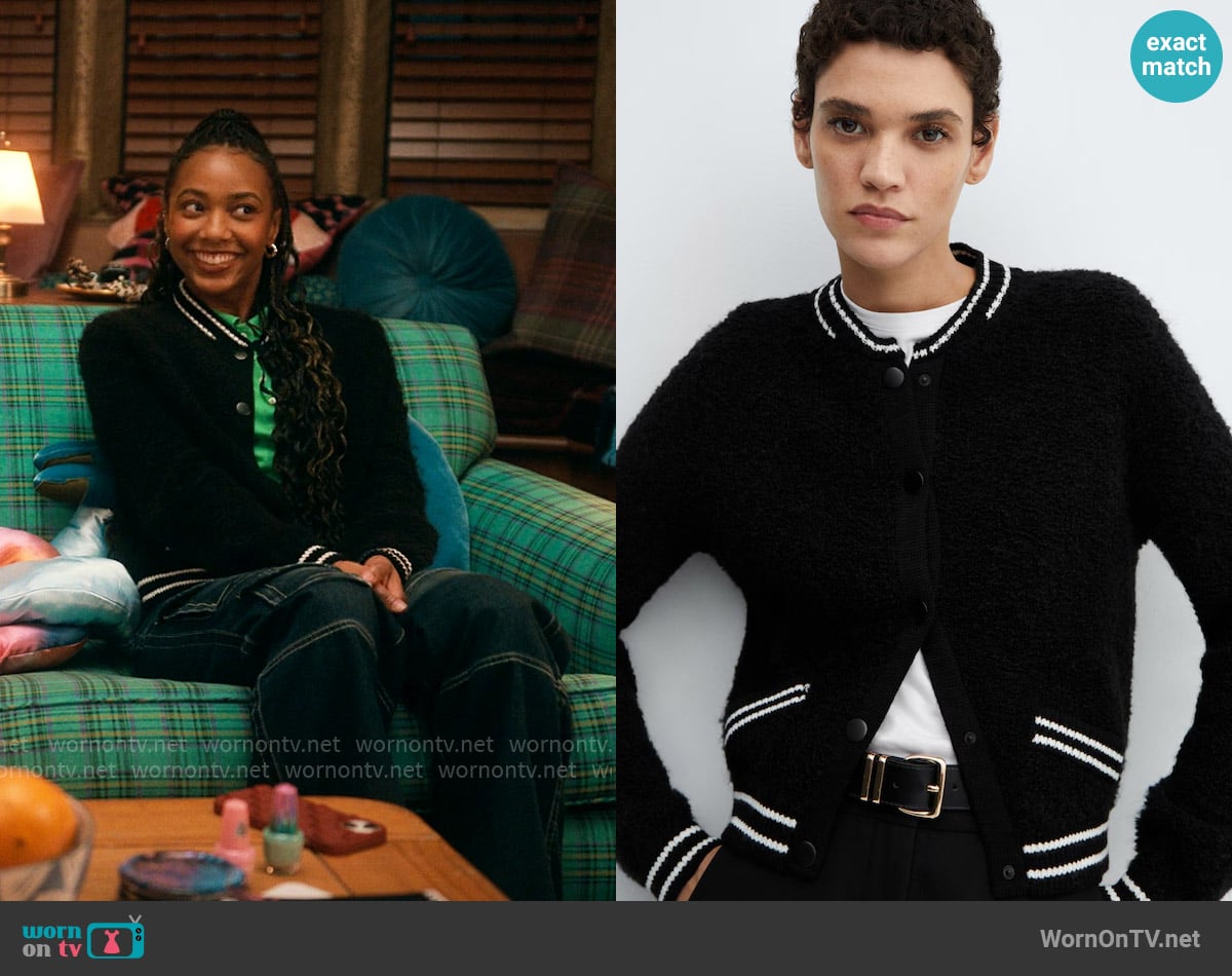 Mango Knitted bomber jacket worn by Whitney Chase (Alyah Chanelle Scott) on The Sex Lives of College Girls