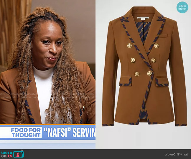 Veronica Beard Miller Striped-Trim Dickey Jacket in Dark Ochre worn by Cecilia Cuff on Today