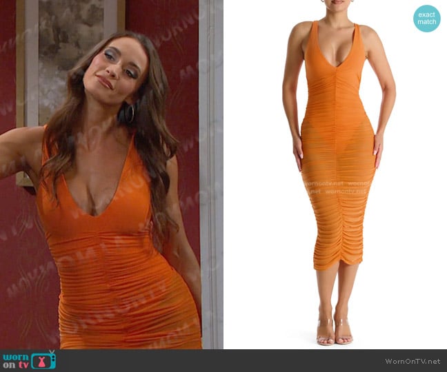 Naked Wardrobe Power Mesh Ruched Midi Dress in Deep Orange worn by Savannah (Selena Moreno) on Days of our Lives