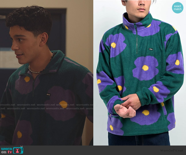 Obey Evens Green & Purple Mock Neck Fleece Sweatshirt worn by Quincy Shabazian (Anthony Keyvan) on XO Kitty