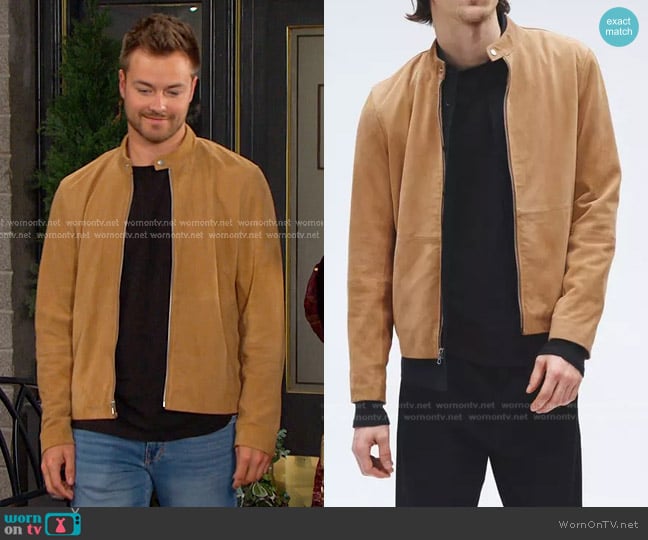 Rag & Bone Archive Cafe Suede Full Zip Racer Jacket in Sand worn by  Doug Williams III (Peyton Meyer) on Days of our Lives