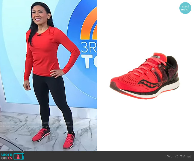 Saucony Liberty ISO Running Shoe in Viz Red/Black/Grey worn by Karena Wu on Today