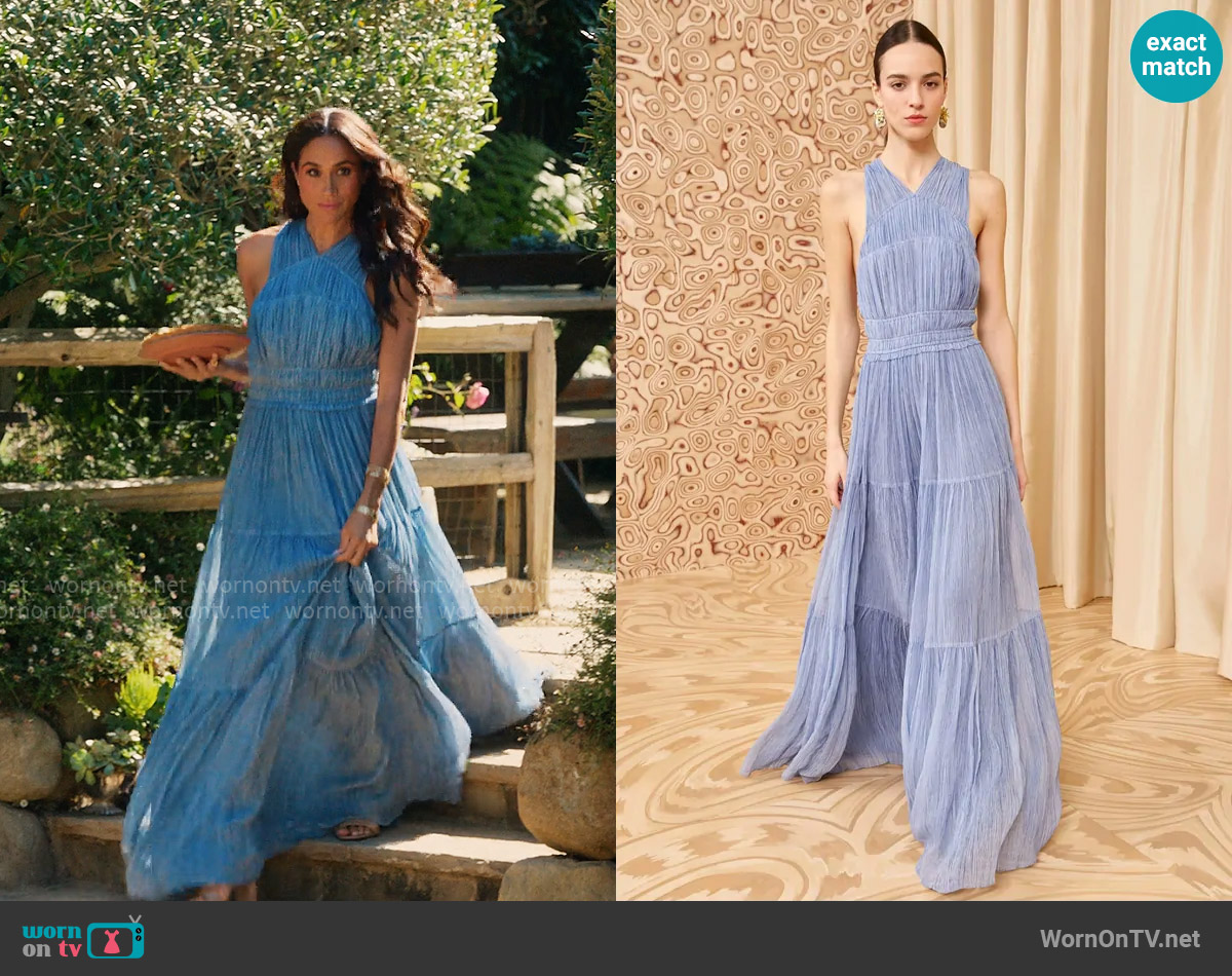 Ulla Johnson Freesia Gown in Slate Blue worn by Meghan Markle on With Love Meghan