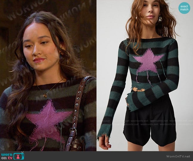 Urban Outfitters Rock Star Distressed Sweater in Green worn by Sophia Choi (Madelyn Kientz) on Days of our Lives