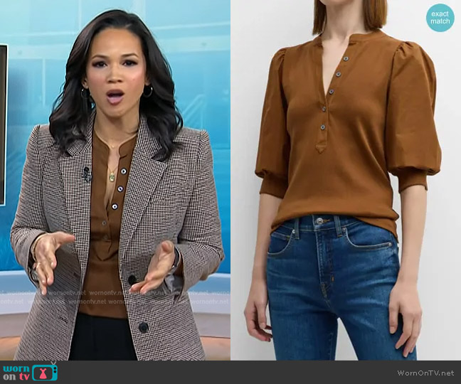 Veronica Beard Coralee Front Button Blouse in Ochre worn by Laura Jarrett on Today
