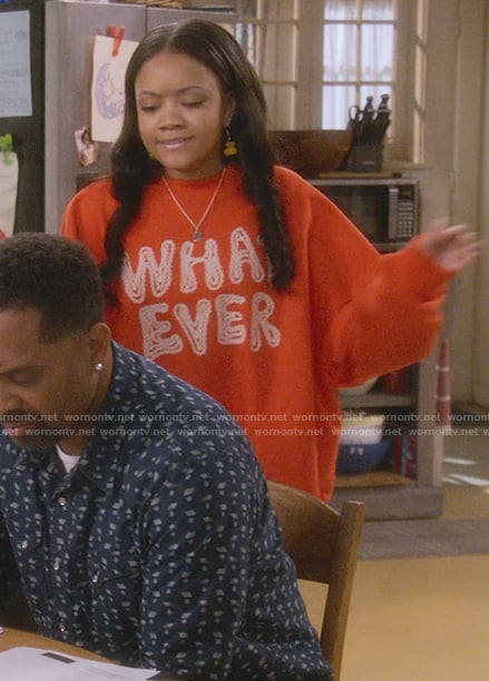 Aaliya’s red what ever print sweater on The Upshaws