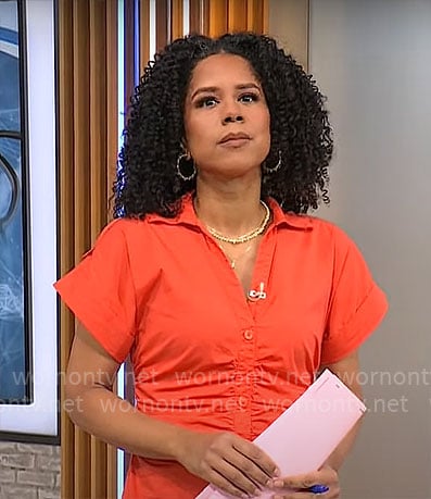Adriana Diaz’s orange ruched shirtdress on CBS Mornings