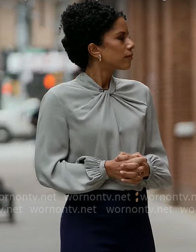 Adriana Diaz’s sage green twist-neck blouse on CBS Mornings