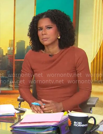 Adriana Diaz’s rust brown long dress on CBS Mornings