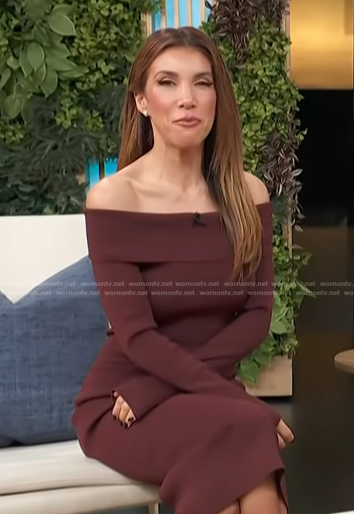 Adrianna Costa’s brown off shoulder dress on Access Hollywood