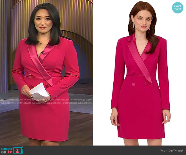 Adrianna Papell Crepe Tuxedo Sheath Dress in Rich Magenta worn by Nancy Chen on CBS Evening News