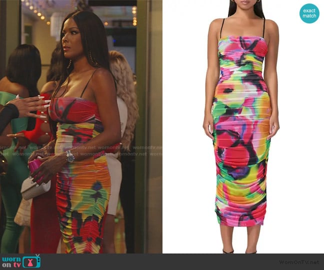 AFRM Hazel Print Ruched Mesh Midi Dress worn by Stacey Rusch on The Real Housewives of Potomac