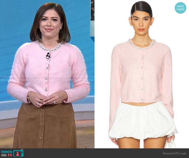 Alice + Olivia Dollie Long Sleeve Cardigan in Pearl Blush worn by Chloe Melas on Today