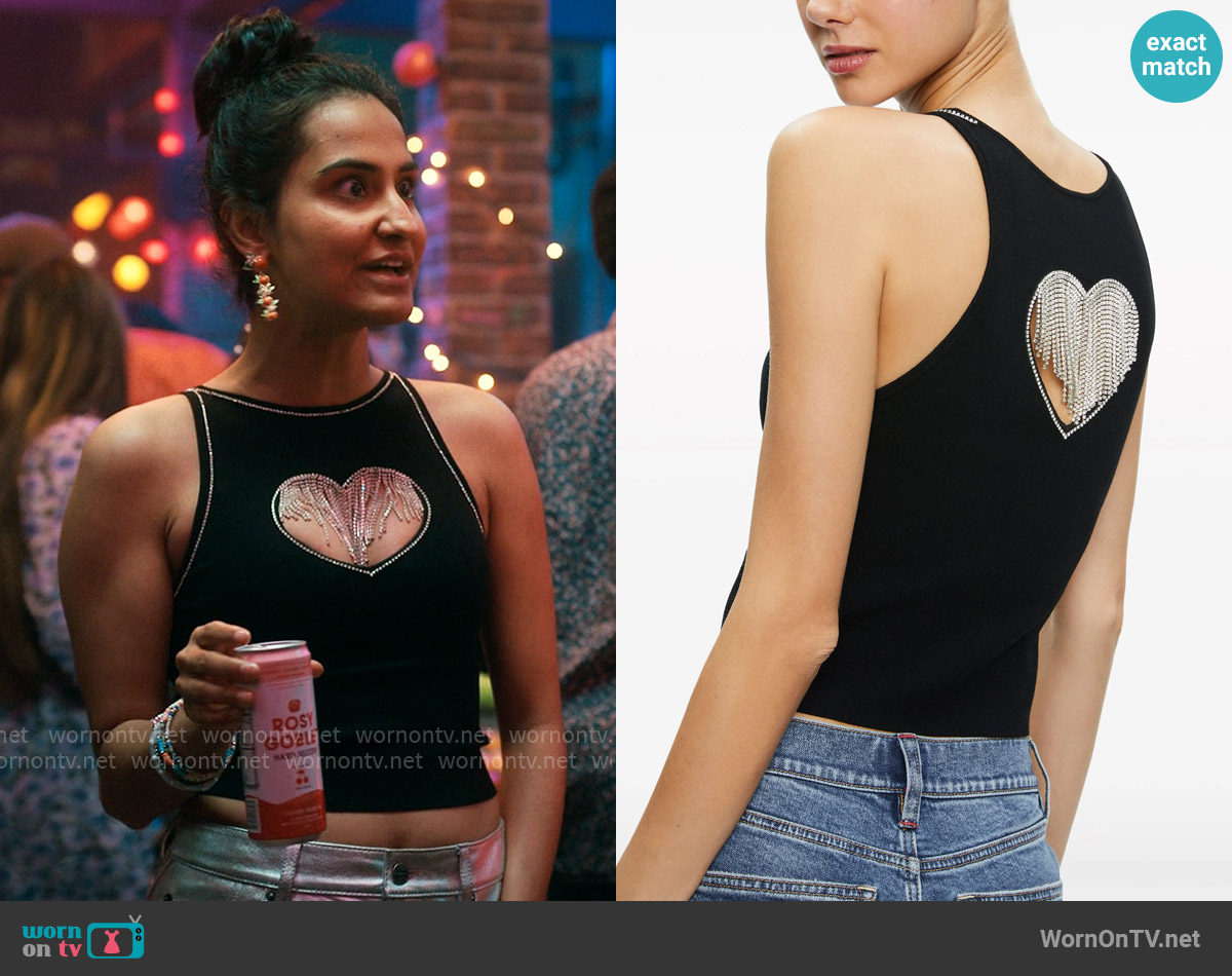Alice + Olivia Allen Rhinestone Top worn by Bela Malhotra (Amrit Kaur) on The Sex Lives of College Girls