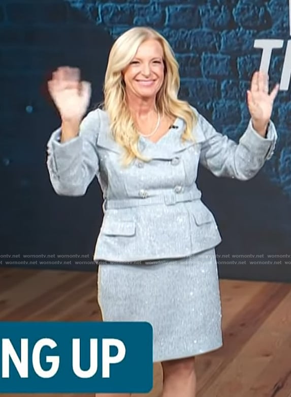 Alison Tressel’s blue tweed belted dress on Access Hollywood