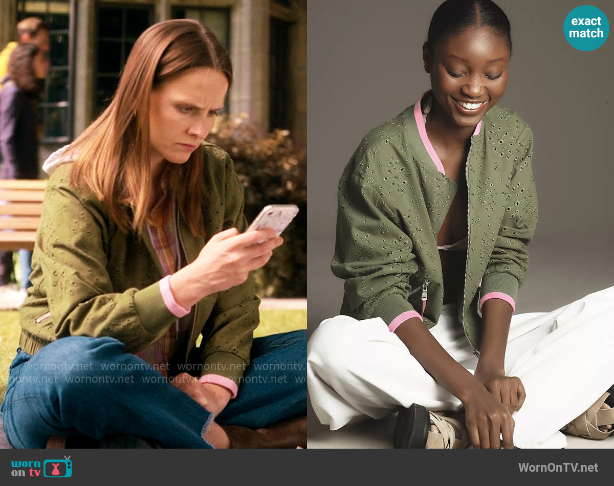 Avec Les Filles Eyelet Bomber Jacket worn by Kimberly Finkle (Pauline Chalamet) on The Sex Lives of College Girls