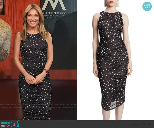 Bardot Felicia Polka Dot Ruched Mesh Midi Dress worn by Kit Hoover on Access Hollywood