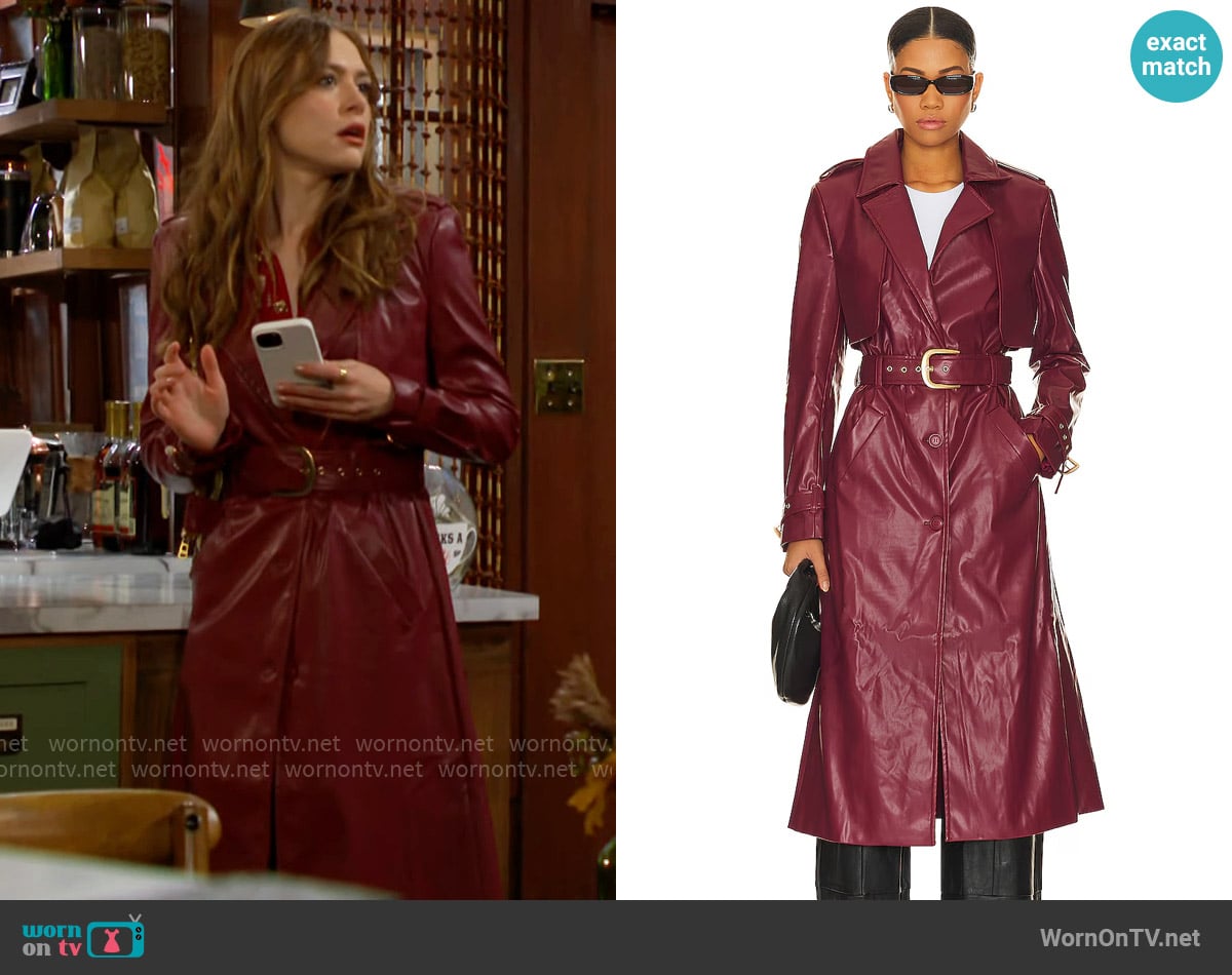 Bardot Faux Leather Trench Coat worn by Claire Grace (Hayley Erin) on The Young and the Restless