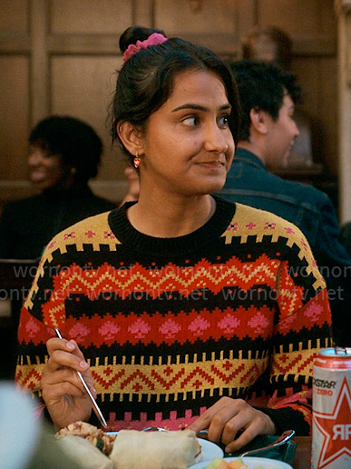 Bela’s fair isle printed sweater on The Sex Lives of College Girls