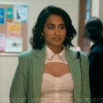 Bela’s white cutout shirt and green tweed blazer on The Sex Lives of College Girls