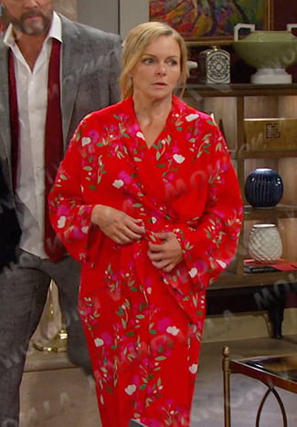 Belle’s red floral robe on Days of our Lives