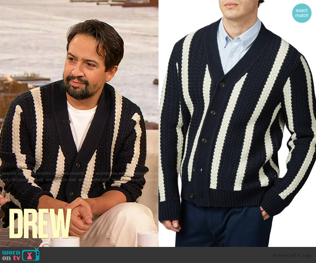 Ben Sherman Textured Stripe Wool Blend Cardigan worn by Lin-Manuel Miranda on The Drew Barrymore Show