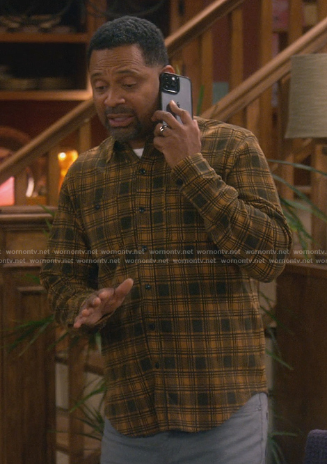 Bennie’s mustard plaid shirt on The Upshaws