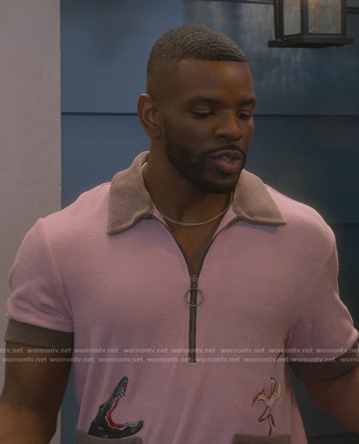 Bernard’s pink terry polo with embroidery on The Upshaws
