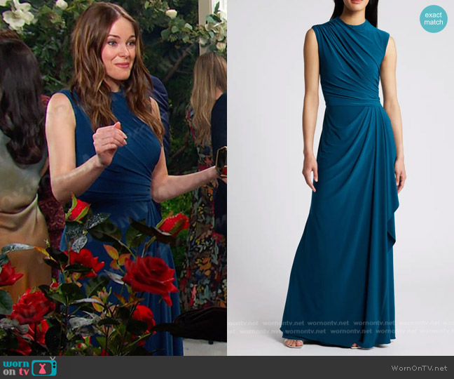 Betsy & Adam Ruched Sleeveless Gown in Mallard worn by Stephanie Johnson (Abigail Klein) on Days of our Lives