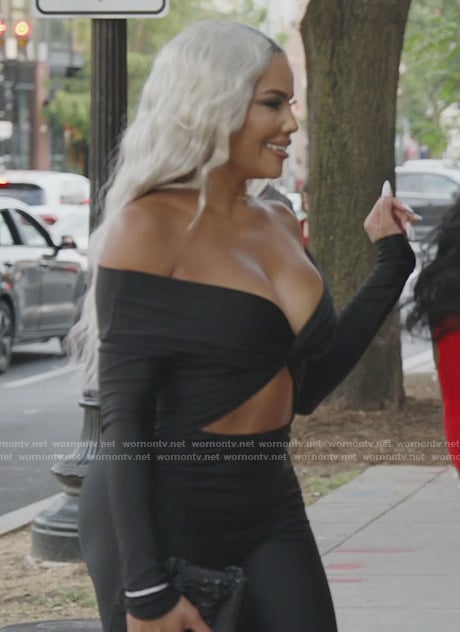 Mia’s black cutout off shoulder jumpsuit on The Real Housewives of Potomac