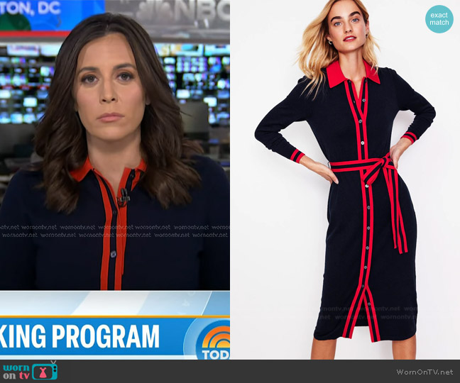 Boden Victoria Knitted Shirt Dress in Navy and Rouge worn by Hallie Jackson on Today
