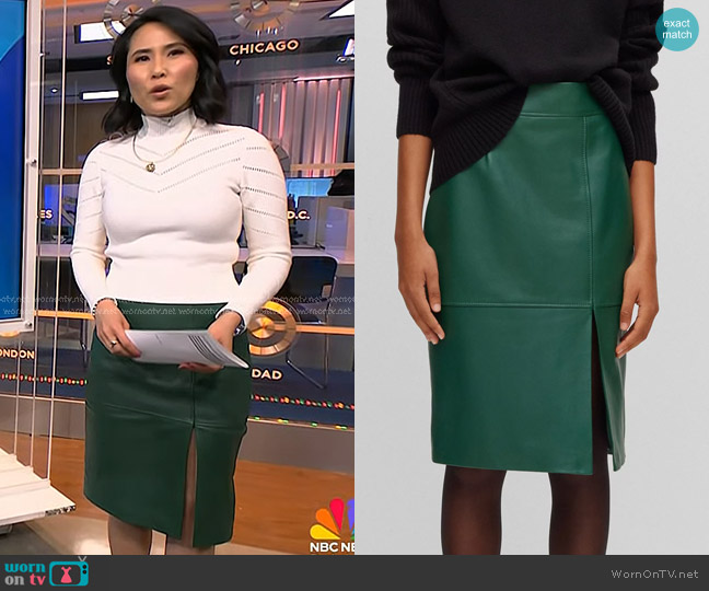 Boss Slim-fit Pencil Skirt in Grained Leather worn by Vicky Nguyen on NBC News Daily