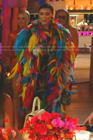 Bronwyn’s rainbow feather coat on The Real Housewives of Salt Lake City