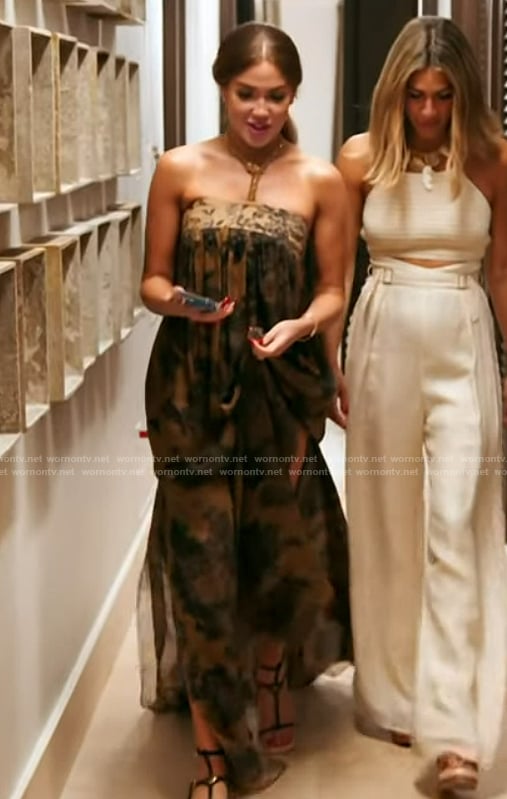 Brynn’s brown floral print strapless maxi dress on The Real Housewives of New York City