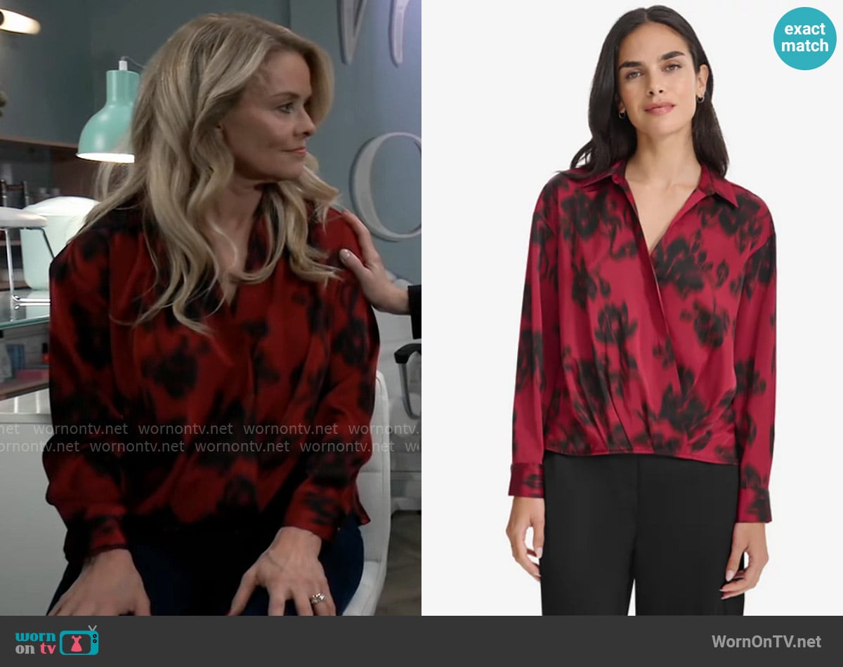 Calvin Klein Printed Faux-Wrap Collared Top in Crnbry Blk worn by Felicia Scorpio (Kristina Wagner) on General Hospital
