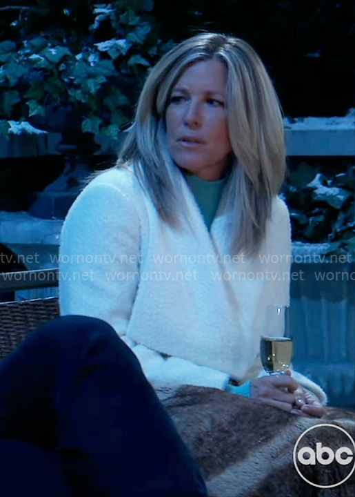 Carly’s white textured short wrap coat on General Hospital