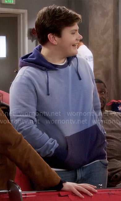 Carter’s two tone blue hoodie on Shifting Gears