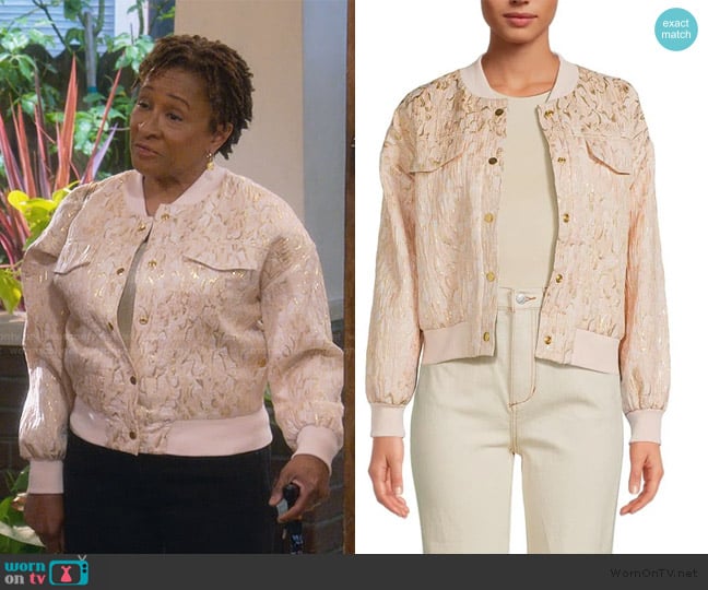 Central Park West Brocade Bomber Jacket worn by Lucretia Turner (Wanda Sykes) on The Upshaws